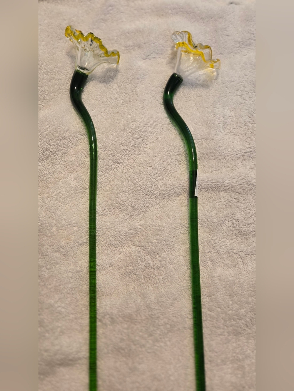 Yellow, Clear, Green Handblown Flowers Vintage Murano-Style Set of 2